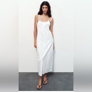 New Zara White Cotton Bow Gabardine Midi Dress Size Small NWT